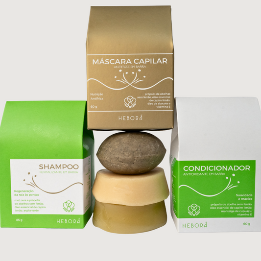 Kit Básico para Cabelos - Shampoo com Mel e Própolis em Barra + Máscara Antifrizz com Própolis em Barra + Condicionador com Própolis em Barra