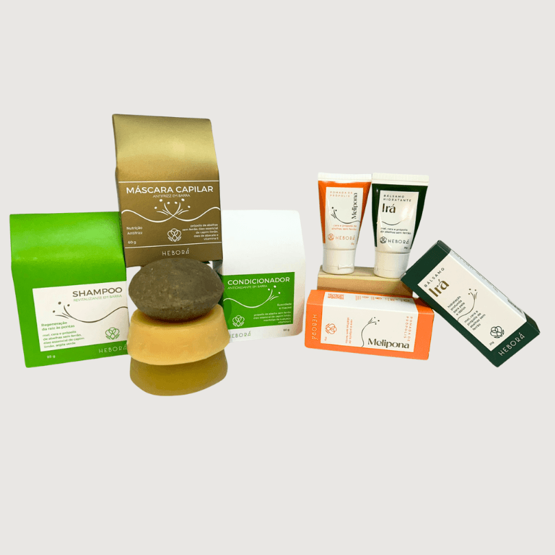 Kit Meu Primeiro Heborá - Shampoo com Mel e Própolis em Barra + Máscara Antifrizz com Própolis em Barra + Condicionador com Própolis em barra + Pomada de Própolis + Bálsamo de Hidratação Irá com Mel